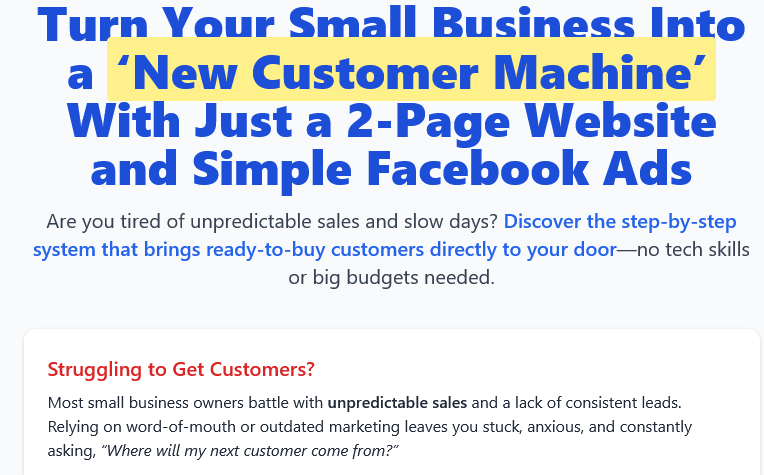 Learn the Powerful Secret to Setting up a "New Customer Machine" using a 2 page website and Facebook Ads.